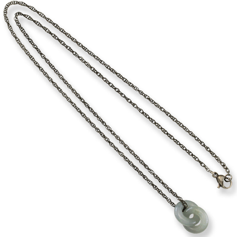 Smoky Grey Lavender Jadeite Jade Interlocking Double Ring Necklace on 20" Steel Chain | UPC #398795