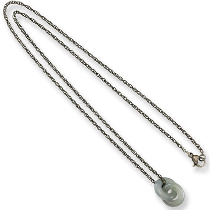 Smoky Grey Lavender Jadeite Jade Interlocking Double Ring Necklace on 20" Steel Chain | UPC #398795