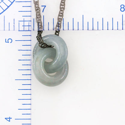 Smoky Grey Lavender Jadeite Jade Interlocking Double Ring Necklace on 20" Steel Chain | UPC #398795