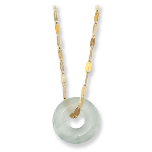 Icy green Jadeite Jade Pi Disc Necklace on 14K Yellow Gold Chain | UPC #407404