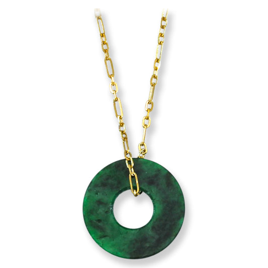 Green Jadeite Jade Flat Circle Necklace on 14K Yellow Gold Chain | UPC #399617