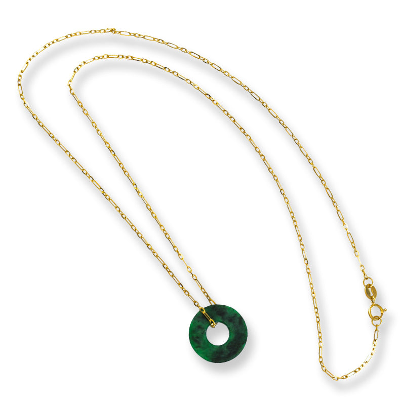 Green Jadeite Jade Flat Circle Necklace on 14K Yellow Gold Chain | UPC #399617