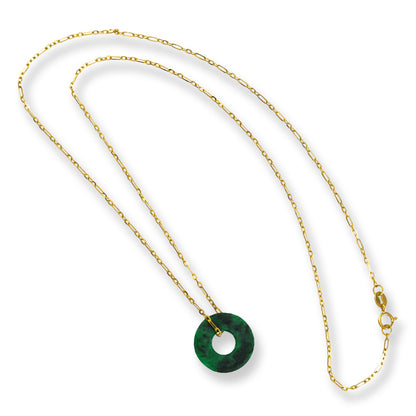 Green Jadeite Jade Flat Circle Necklace on 14K Yellow Gold Chain | UPC #399617