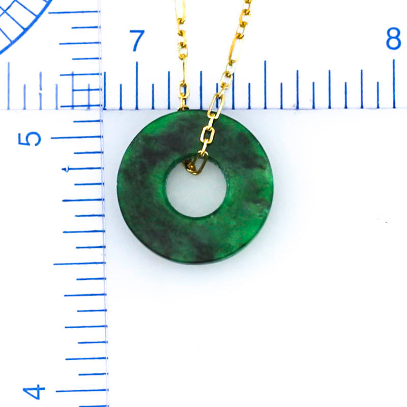 Green Jadeite Jade Flat Circle Necklace on 14K Yellow Gold Chain | UPC #399617