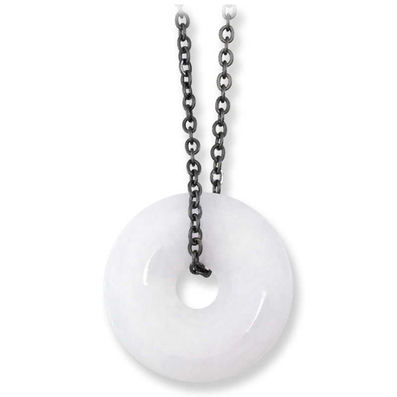 White Jadeite Jade Disc Necklace on Oxidized Steel Chain | UPC #399570