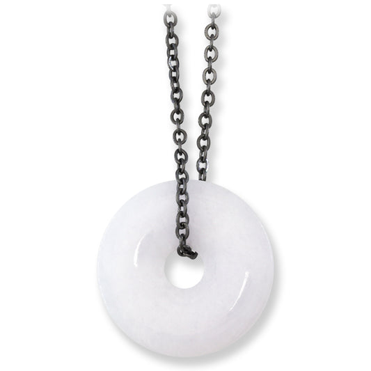White Jadeite Jade Disc Necklace on Oxidized Steel Chain | UPC #399570