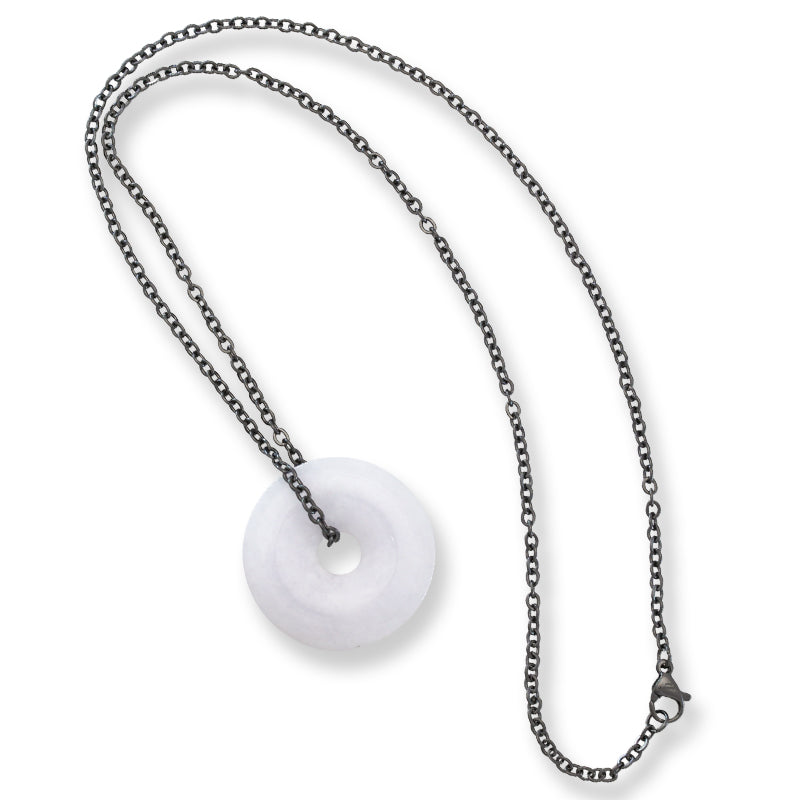 White Jadeite Jade Disc Necklace on Oxidized Steel Chain | UPC #399570