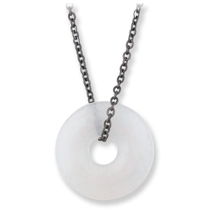 White Jadeite Jade Disc Necklace on Oxidized Steel Chain | UPC #399563