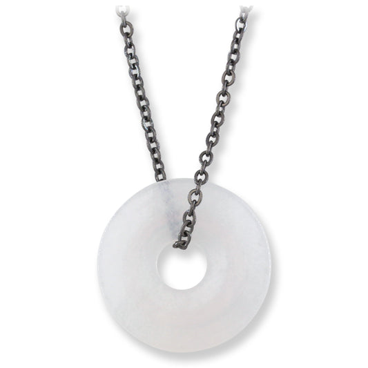 White Jadeite Jade Disc Necklace on Oxidized Steel Chain | UPC #399563