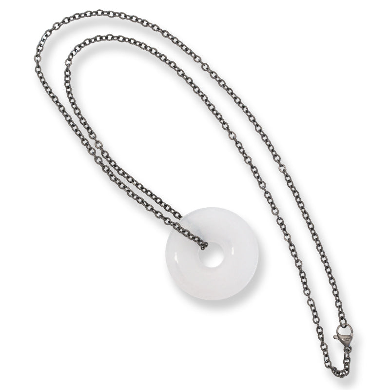 White Jadeite Jade Disc Necklace on Oxidized Steel Chain | UPC #399563