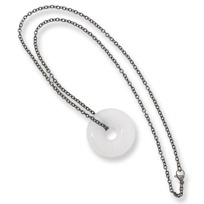 White Jadeite Jade Disc Necklace on Oxidized Steel Chain | UPC #399563