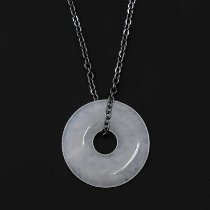 White Jadeite Jade Disc Necklace on Oxidized Steel Chain | UPC #399563