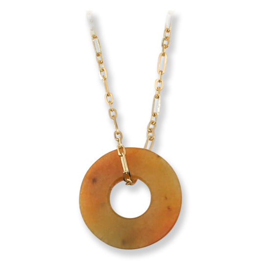 Yellow Jadeite Jade Flat Circle Necklace on 14K Yellow Gold Chain | UPC #399624