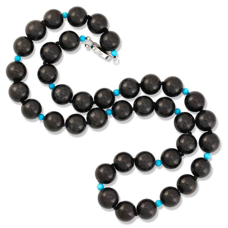 Grey Jadeite Jade And Turquoise Bead Necklace With 14K White Gold Clasp Jade Jewelry