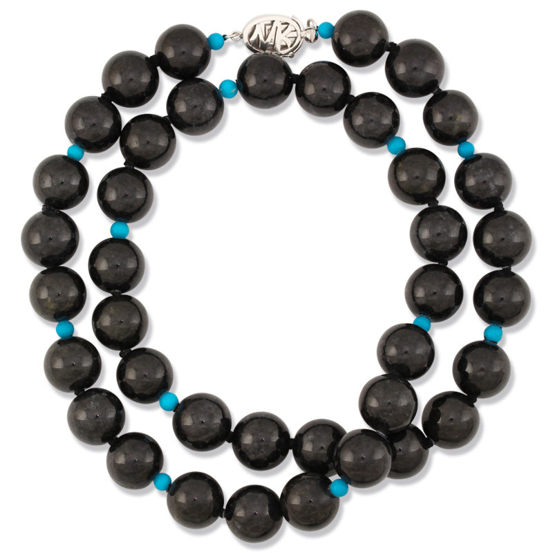 Grey Jadeite Jade And Turquoise Bead Necklace With 14K White Gold Clasp Jade Jewelry
