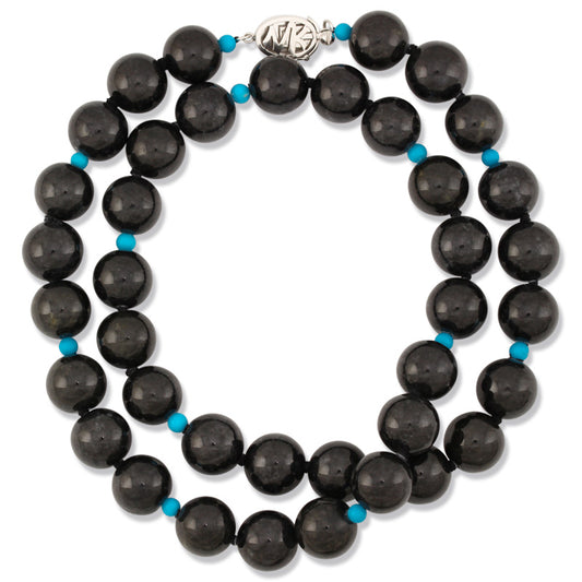 Grey Jadeite Jade and Turquoise Bead Necklace With 14K White Gold Clasp  | UPC #374966