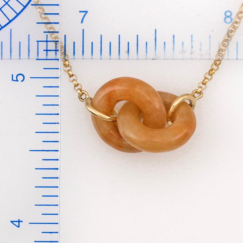 RED JADEITE JADE 18K YELLOW GOLD DOUBLE INTERLOCKING RINGS NECKLACE UPC #382206