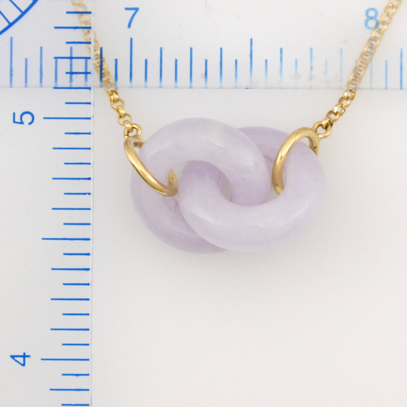 LAVENDER JADEITE JADE 18K YELLOW GOLD DOUBLE INTERLOCKING RINGS NECKLACE UPC #382183