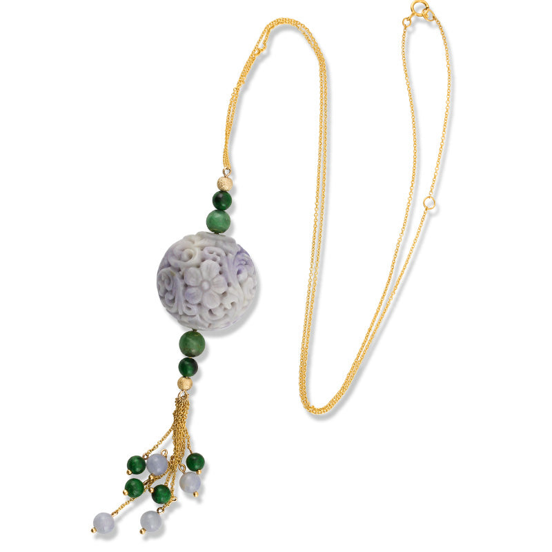 14K YELLOW GOLD LAVENDER JADEITE JADE CARVED BEAD NECKLACE UPC #379176