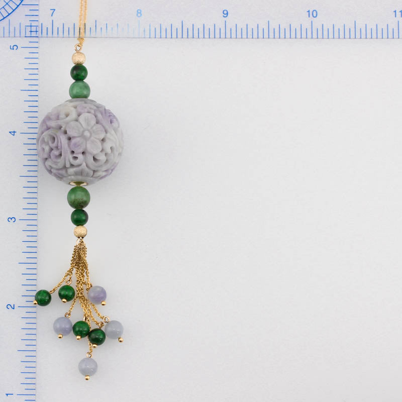 14K YELLOW GOLD LAVENDER JADEITE JADE CARVED BEAD NECKLACE UPC #379176