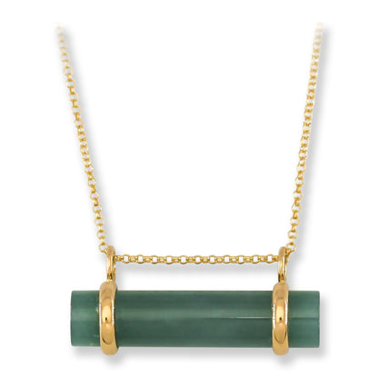 Blue-Green Guatemalan Jadeite Jade Cylinder Slide 14K Yellow Gold Necklace | UPC #400405