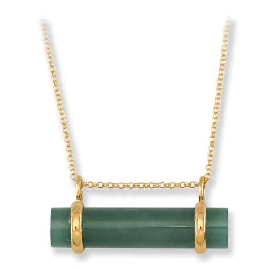 Blue-Green Guatemalan Jadeite Jade Cylinder Slide 14K Yellow Gold Necklace | UPC #400405