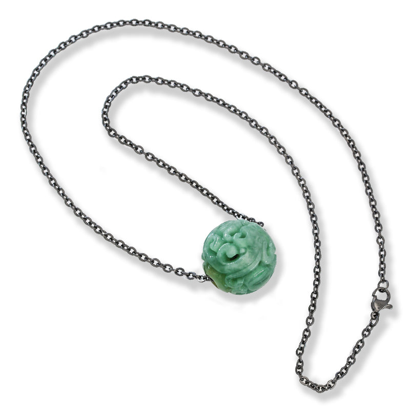 Green Jadeite Jade Carved Dragon Bead Necklace | UPC #401358