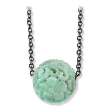 Green Jadeite Jade Carved Floral Bead Necklace | UPC #401372