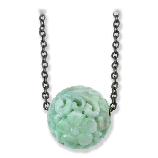Green Jadeite Jade Carved Floral Bead Necklace | UPC #401372