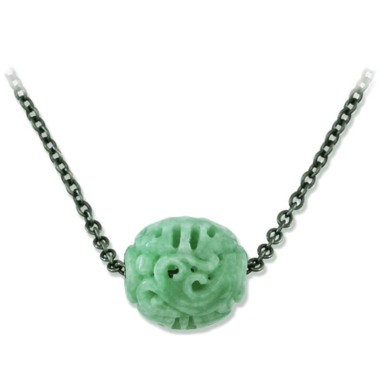 Green Jadeite Jade Carved Dragon, Phoenix and Shou Bead 20" Necklace | UPC #404229