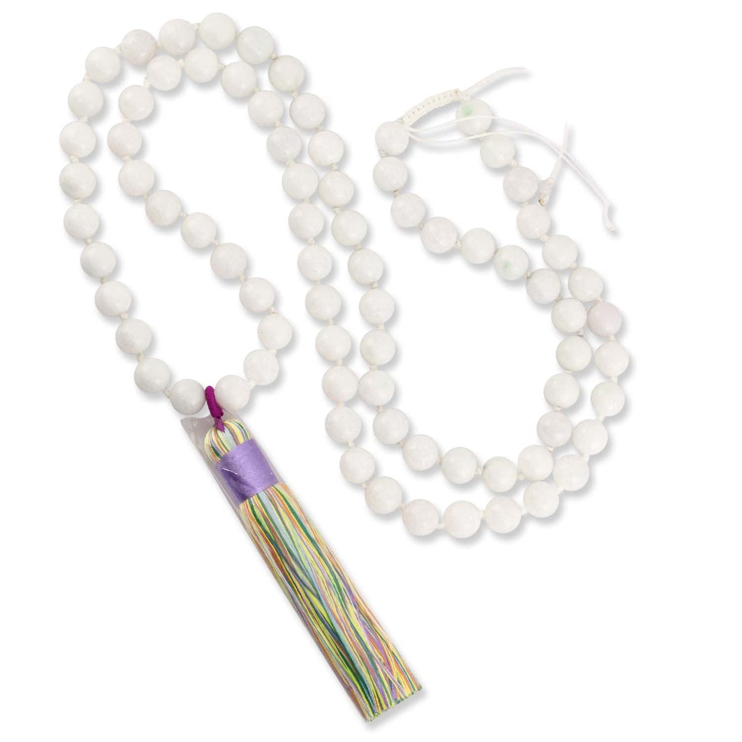 Long White Jadeite Jade Bead Necklace with Rainbow Tassel | UPC #385818
