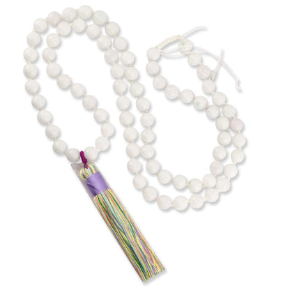 Long White Jadeite Jade Bead Necklace with Rainbow Tassel | UPC #385818