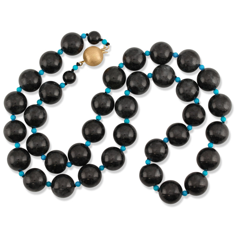14K Yellow Gold Grey Jadeite Jade and Turquoise Bead Necklace | UPC #387232