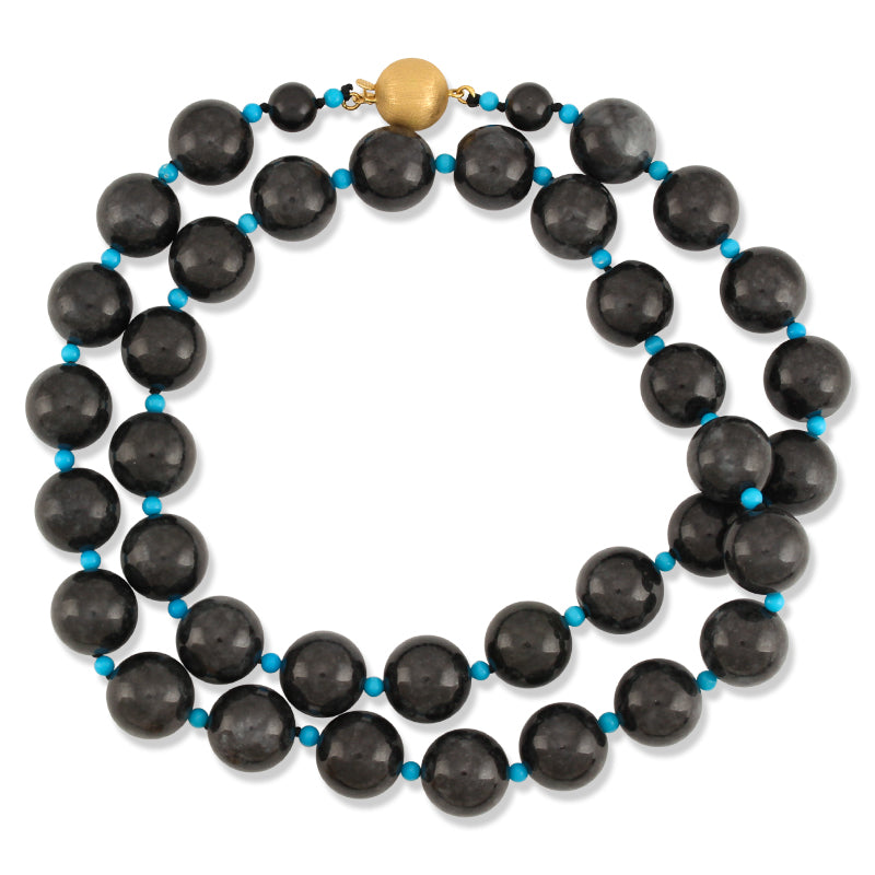 14K Yellow Gold Grey Jadeite Jade and Turquoise Bead Necklace | UPC #387232