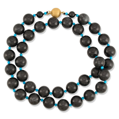 14K Yellow Gold Grey Jadeite Jade and Turquoise Bead Necklace | UPC #387232