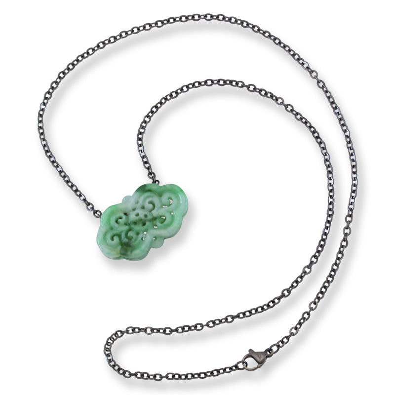 Green Jadeite Jade Carved Freeform Slide on 20” Steel Chain Necklace | UPC #407428