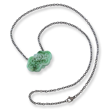 Green Jadeite Jade Carved Freeform Slide on 20” Steel Chain Necklace | UPC #407428