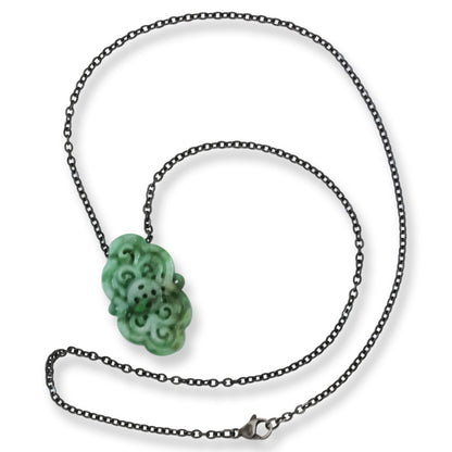 Green Jadeite Jade Carved Freeform Slide on 20” Steel Chain Necklace | UPC #407411