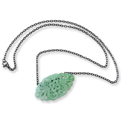 Green Jadeite Jade Necklace | Jade Carving on 18" Oxidized Steel Chain | UPC #392984