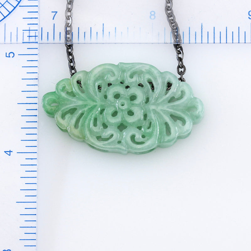 Green Jadeite Jade Necklace | Jade Carving on 18" Oxidized Steel Chain | UPC #392984