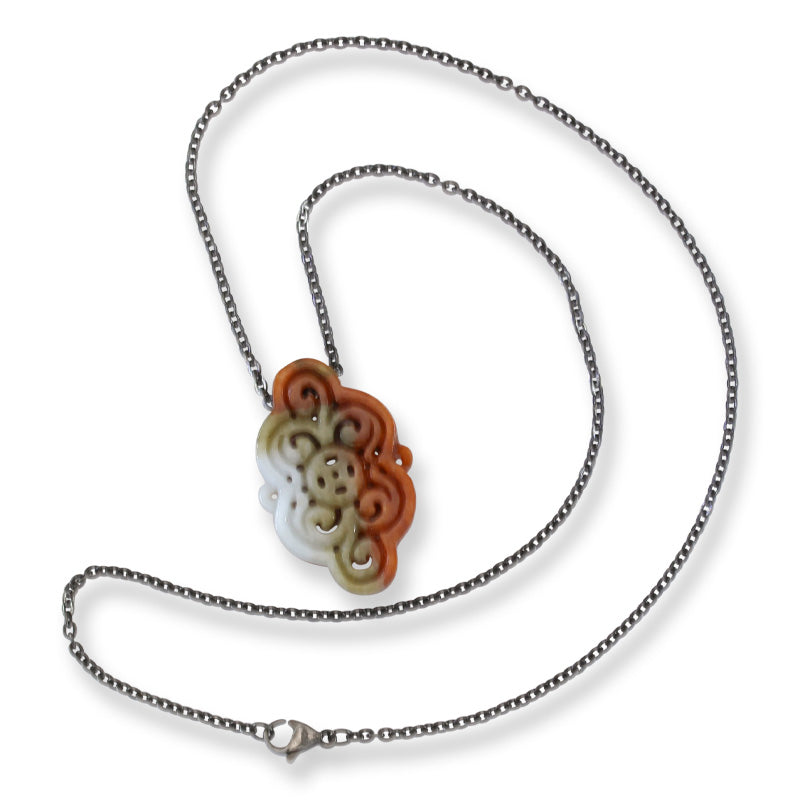 Red, Green & White Reversable Jadeite Jade Carved Freeform Slide on 20” Steel Chain Necklace | UPC #407442