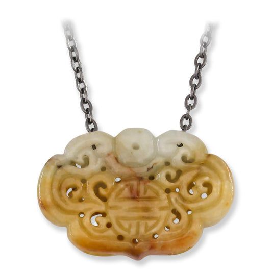 CARVED YELLOW JADEITE JADE WITH STAINLESS STEEL CHAIN NECKLACE UPC #393042