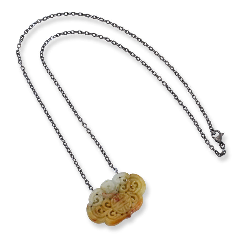 CARVED YELLOW JADEITE JADE WITH STAINLESS STEEL CHAIN NECKLACE UPC #393042