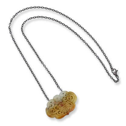 CARVED YELLOW JADEITE JADE WITH STAINLESS STEEL CHAIN NECKLACE UPC #393042
