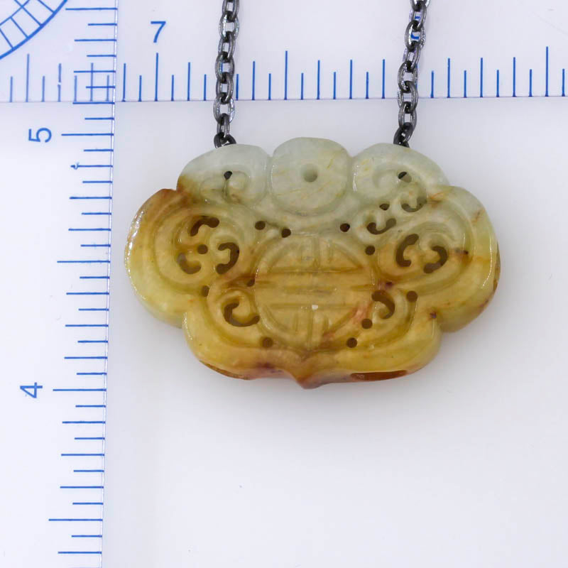 CARVED YELLOW JADEITE JADE WITH STAINLESS STEEL CHAIN NECKLACE UPC #393042