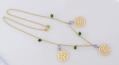 Green and Lavender Jadeite Jade 14K Yellow Gold Chinese Character Necklace | UPC #394551