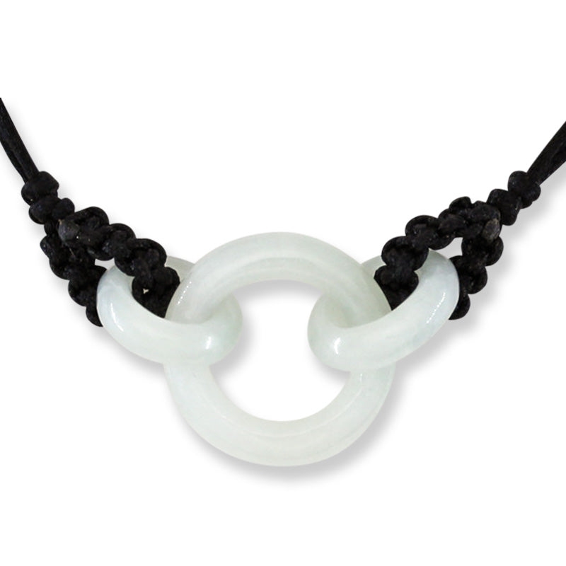 White Jadeite Jade Interlocking Triple Ring Adjustable Cord Necklace | UPC #400290