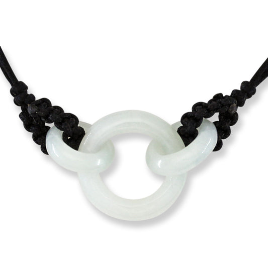 White Jadeite Jade Interlocking Triple Ring Adjustable Cord Necklace | UPC #400290