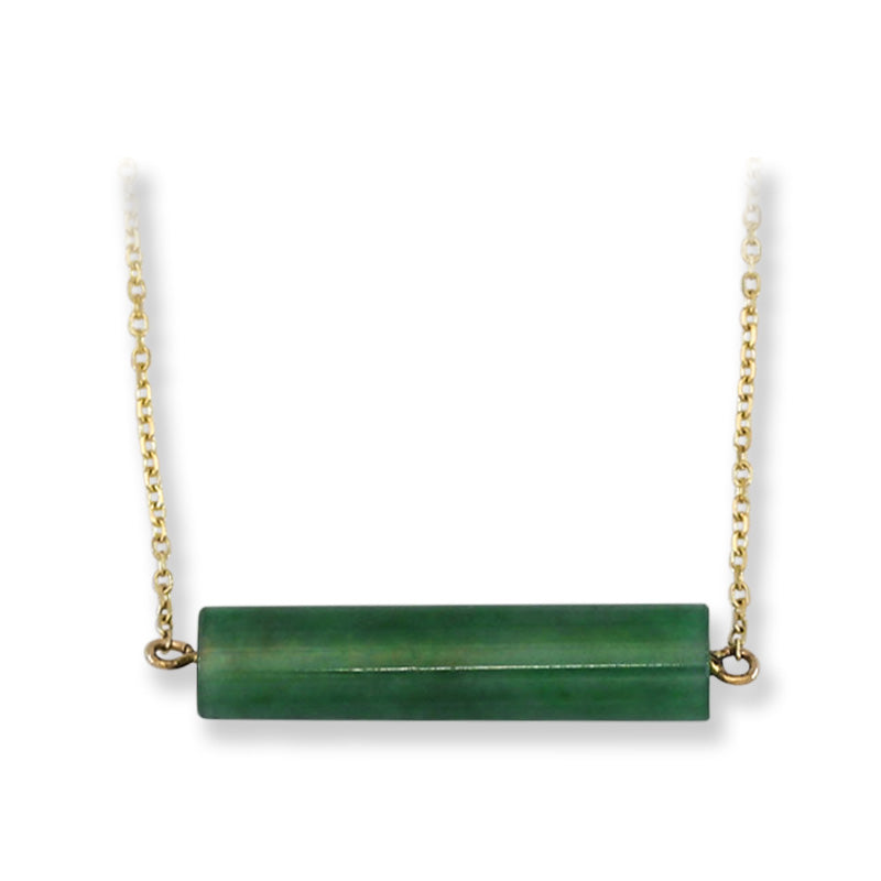 Blue-Green Guatemalan Jadeite Jade Flattened Tube 14K Yellow Gold Necklace | UPC #400399