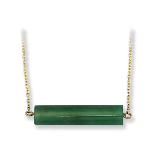 Blue-Green Guatemalan Jadeite Jade Flattened Tube 14K Yellow Gold Necklace | UPC #400399